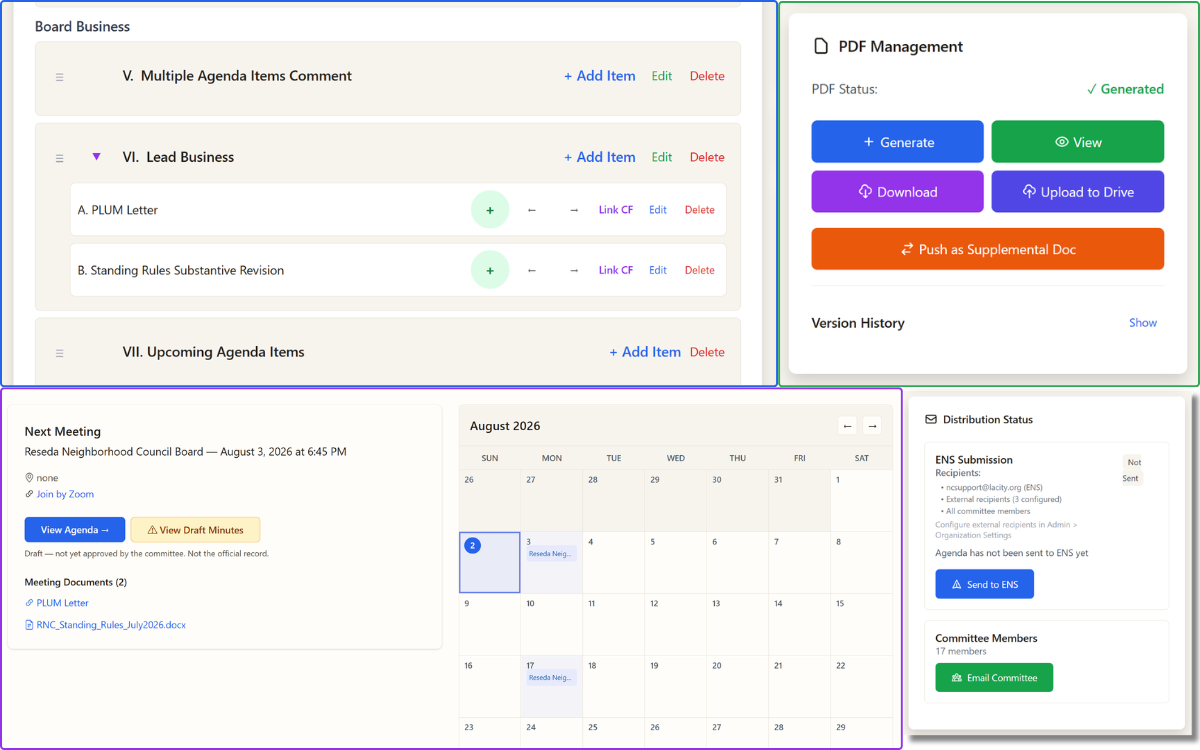 Screenshot of a meeting management dashboard showing agenda items, PDF generation controls, and meeting distribution status.